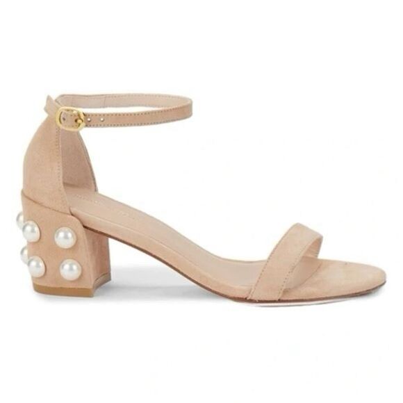 Stuart Weitzman Simple Pearl Block Heel Suede Sandals Nude Size 8 - Picture 1 of 12